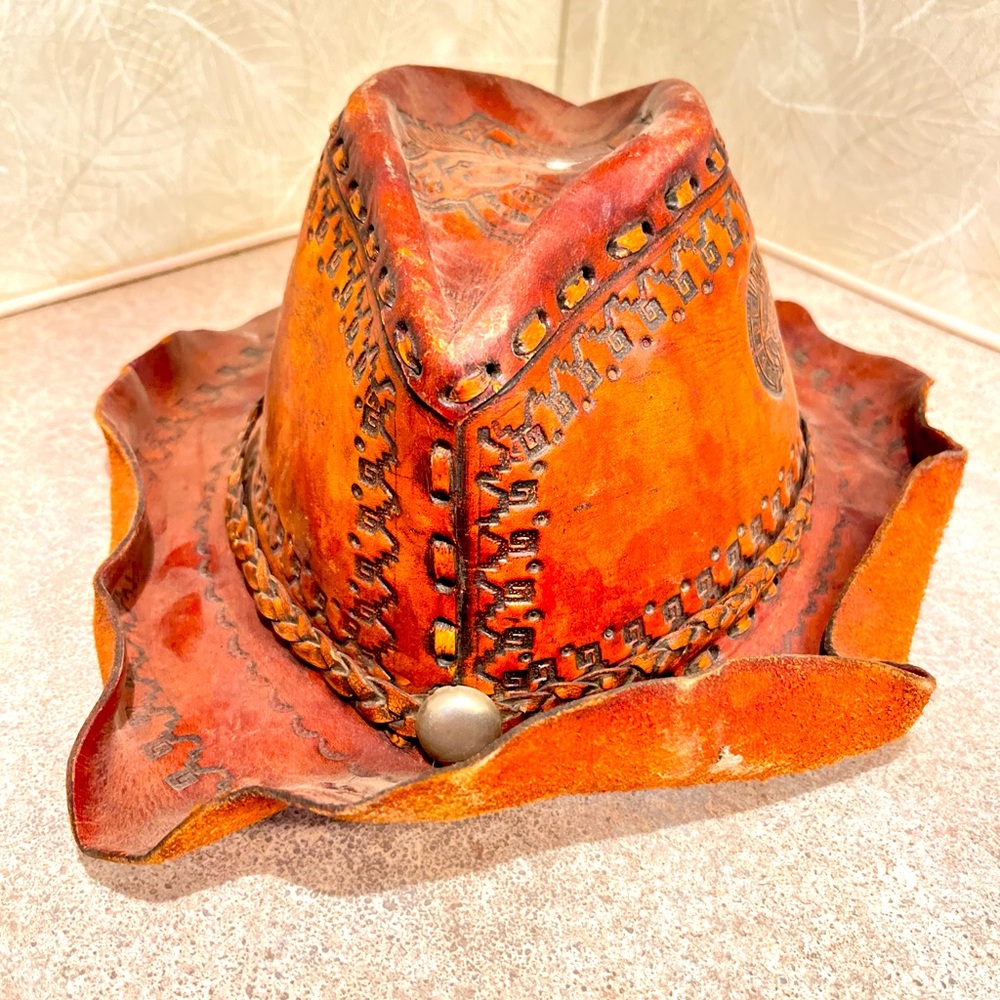 Brown Leather Hat with Decorative Accents